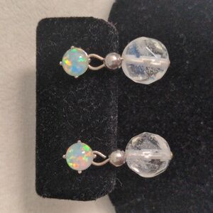 Opal Sterling Silver & Crystal Stud  Earrings, New, Genuine, Drop Dangle, Dainty